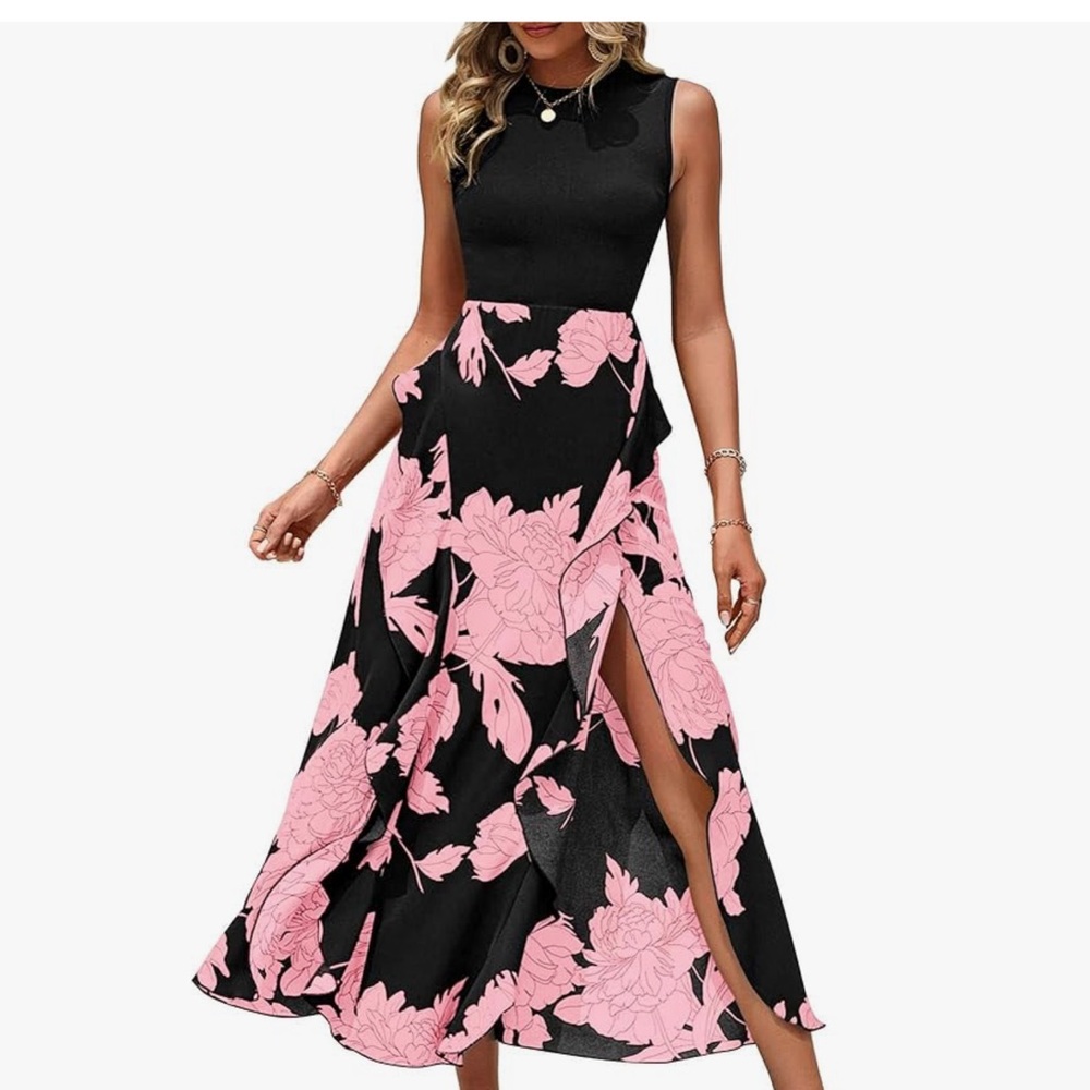 Elegant Black and Pink Mock Neck Maxi Dress